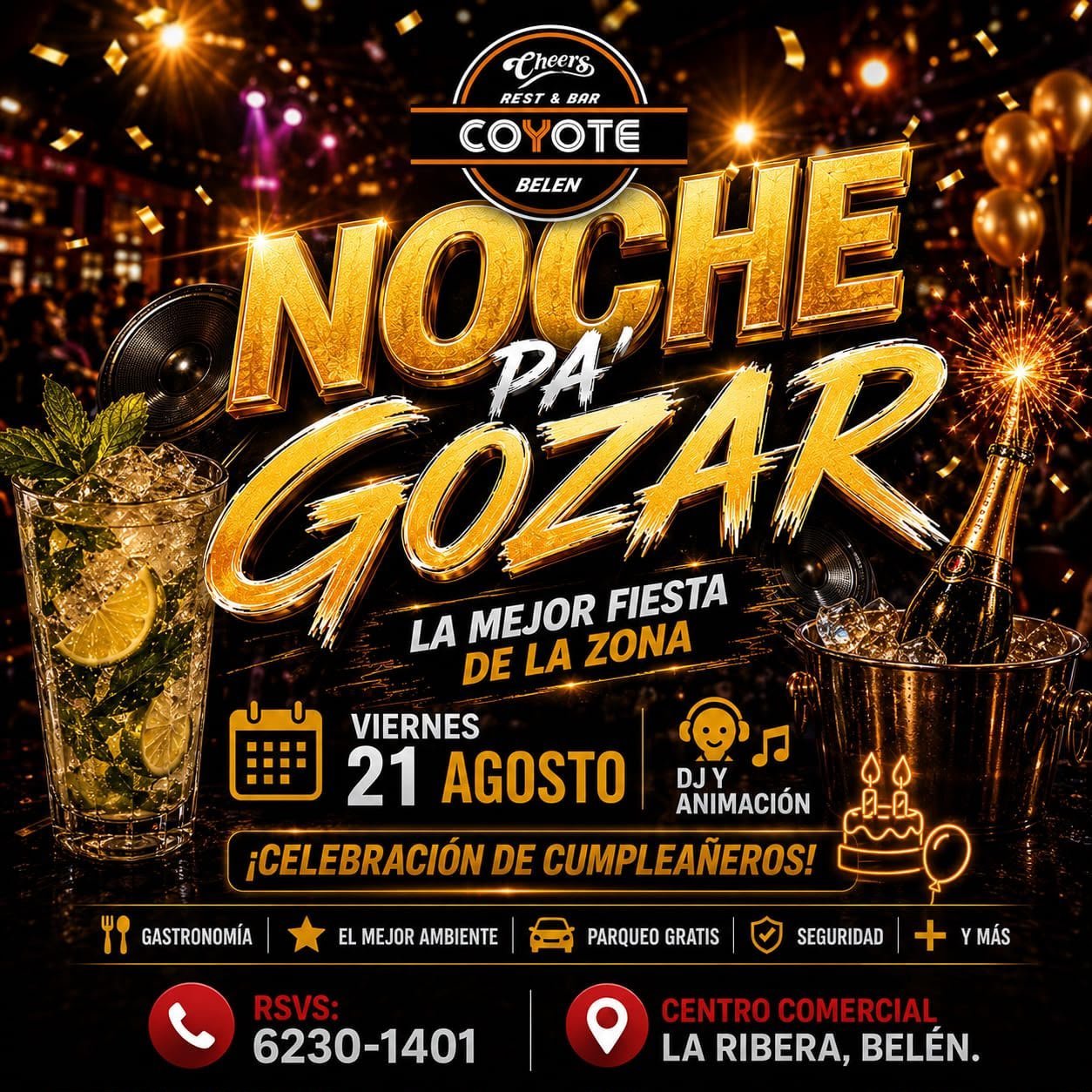 Party flyer for Noche Pa Gozar at Coyote nightclub on Friday August 21, featuring gold text, cocktails, and sparklers against a dark celebration-themed background