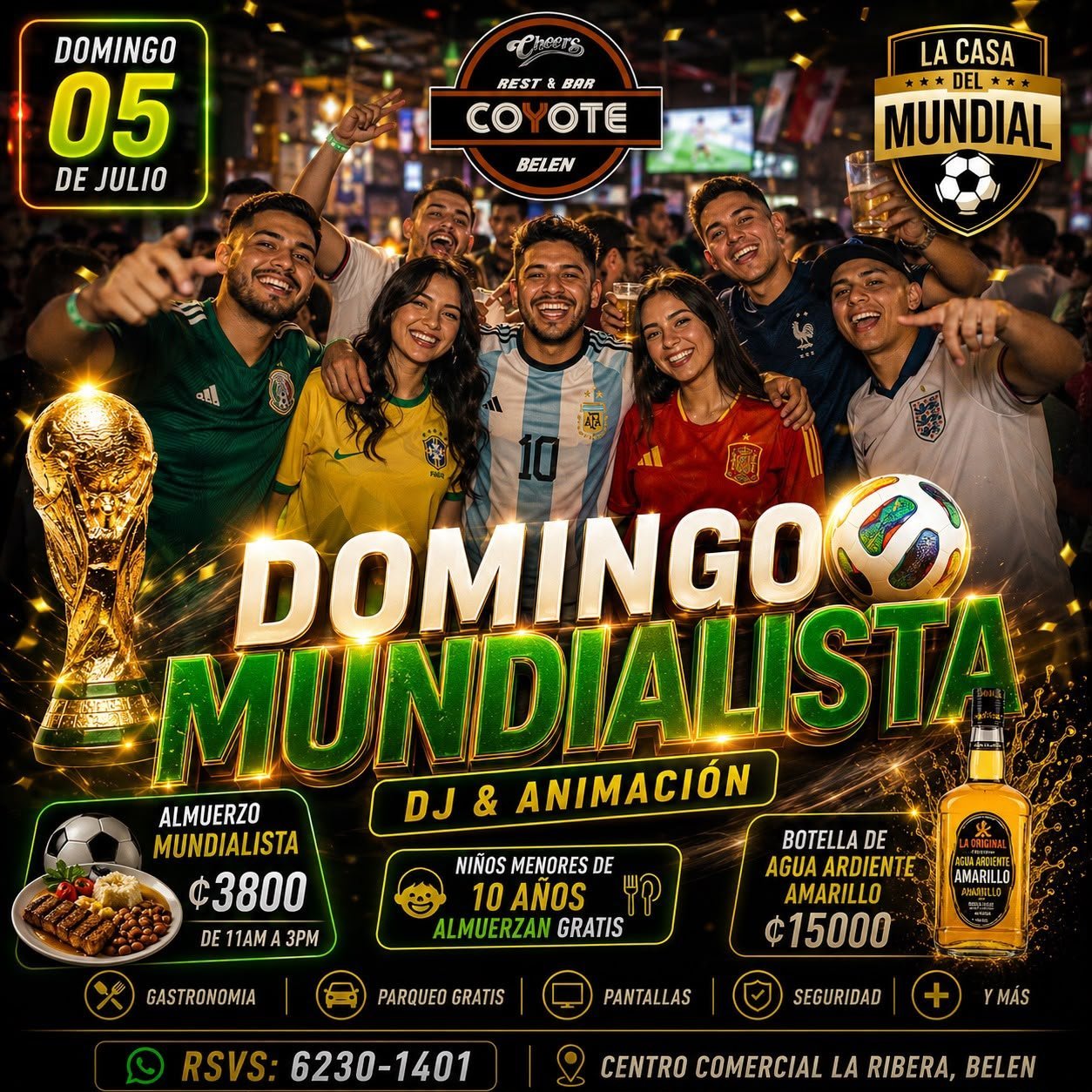 Event flyer for Domingo Mundialista FIFA World Cup viewing party on July 5 at La Casa del Mundial with food, DJ, and entertainment